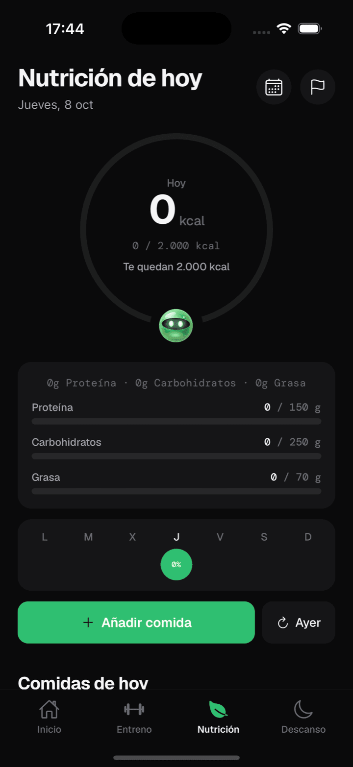 Pantalla Nutrición de RayFit